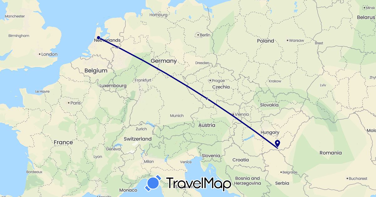 TravelMap itinerary: driving, plane in Hungary, Netherlands (Europe)